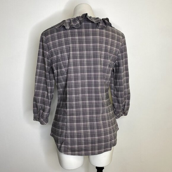 Outback Red Grey Plaid Button Down Ruffle Top - Picture 4 of 6